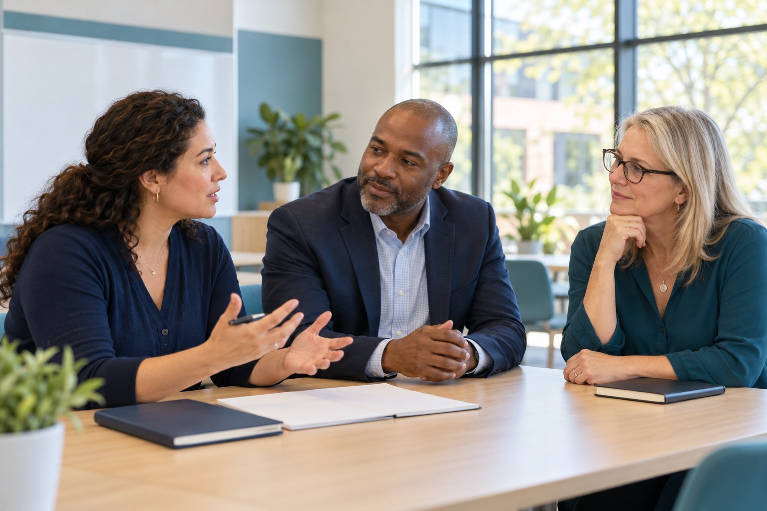 Three education professionals in a thoughtful coaching discussion